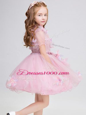 Baby Pink Ball Gowns Appliques Toddler Flower Girl Dress Zipper Tulle Short Sleeves Mini Length