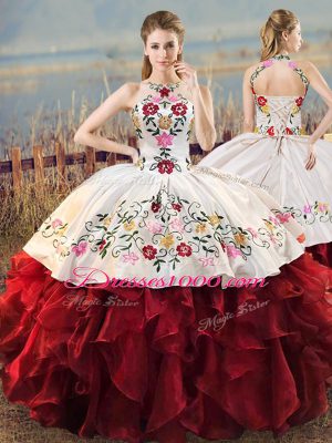 Ball Gowns Sweet 16 Quinceanera Dress White And Red Halter Top Organza Sleeveless Floor Length Lace Up