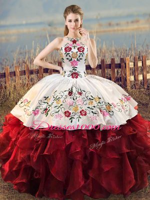 Ball Gowns Sweet 16 Quinceanera Dress White And Red Halter Top Organza Sleeveless Floor Length Lace Up