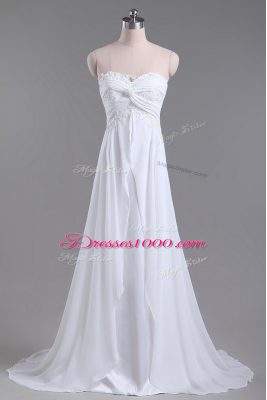 Beading and Lace Wedding Gown White Lace Up Sleeveless Brush Train