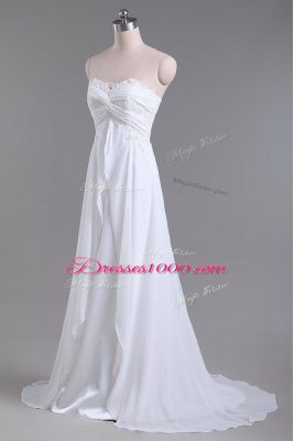 Beading and Lace Wedding Gown White Lace Up Sleeveless Brush Train