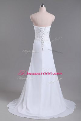 Beading and Lace Wedding Gown White Lace Up Sleeveless Brush Train