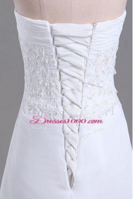 Beading and Lace Wedding Gown White Lace Up Sleeveless Brush Train