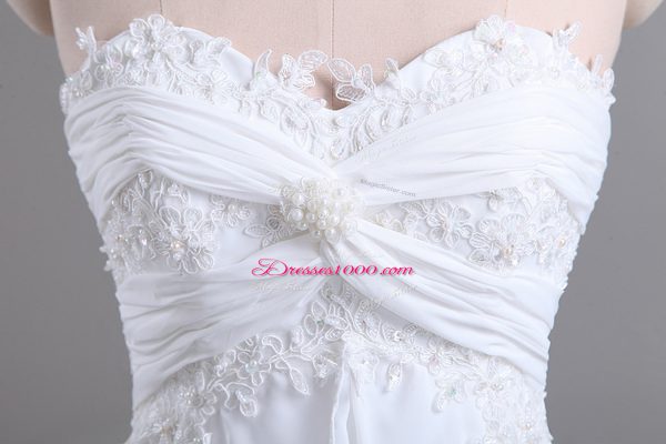 Beading and Lace Wedding Gown White Lace Up Sleeveless Brush Train