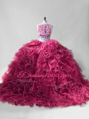 Custom Made Wine Red Zipper Quinceanera Gown Beading and Ruffles Sleeveless Brush Train