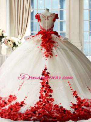 Great Tulle Sleeveless 15 Quinceanera Dress Brush Train and Hand Made Flower