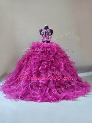 New Arrival Fuchsia Two Pieces Organza Scoop Sleeveless Beading and Ruffles Zipper Quinceanera Dress Brush Train