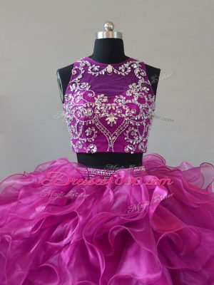 New Arrival Fuchsia Two Pieces Organza Scoop Sleeveless Beading and Ruffles Zipper Quinceanera Dress Brush Train