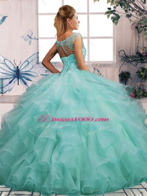 Apple Green Ball Gowns Off The Shoulder Sleeveless Organza Floor Length Lace Up Beading and Ruffles 15th Birthday Dress