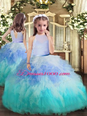 Shining Multi-color Ball Gowns Ruffles Sweet 16 Dresses Backless Tulle Sleeveless Floor Length