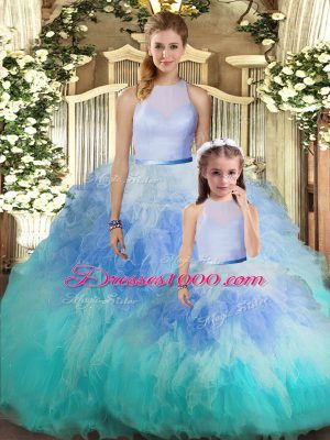 Shining Multi-color Ball Gowns Ruffles Sweet 16 Dresses Backless Tulle Sleeveless Floor Length