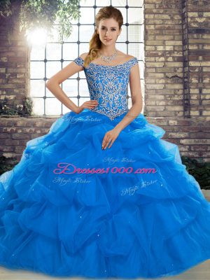 Suitable Ball Gowns Sleeveless Blue Ball Gown Prom Dress Brush Train Lace Up