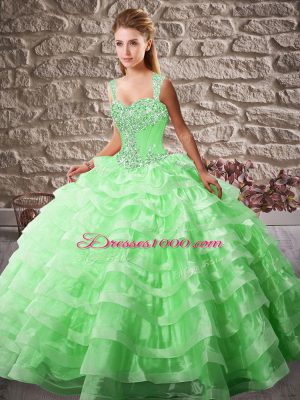 Green Sleeveless Beading and Ruffled Layers Lace Up Quinceanera Gowns