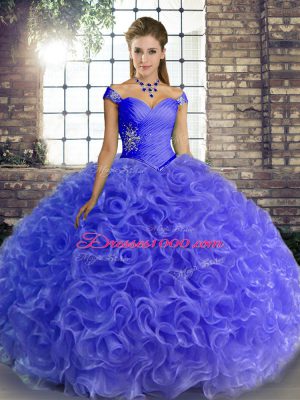 Customized Blue Sleeveless Fabric With Rolling Flowers Lace Up 15th Birthday Dress for Military Ball and Sweet 16 and Quinceanera