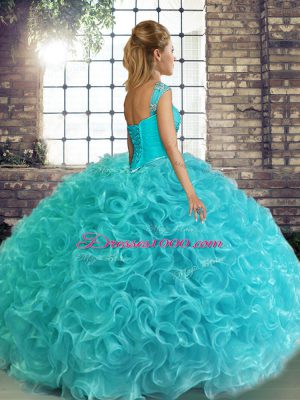 Customized Blue Sleeveless Fabric With Rolling Flowers Lace Up 15th Birthday Dress for Military Ball and Sweet 16 and Quinceanera