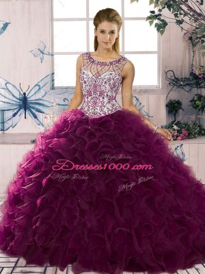 Super Floor Length Dark Purple Sweet 16 Dresses Organza Sleeveless Beading and Ruffles