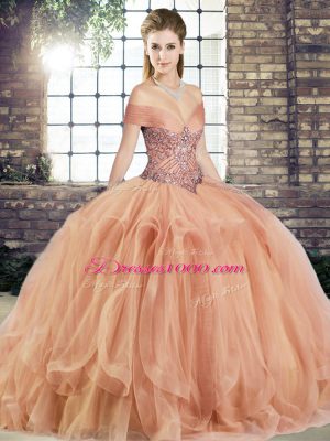 Best Selling Off The Shoulder Sleeveless Quinceanera Dress Floor Length Beading and Ruffles Peach Tulle