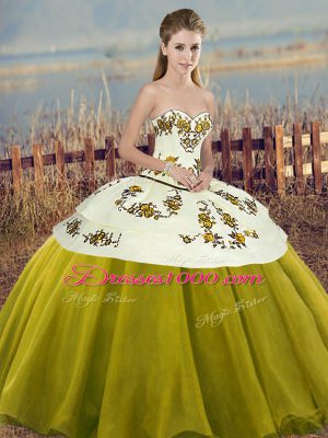 Flare Olive Green Sleeveless Floor Length Embroidery and Bowknot Lace Up Vestidos de Quinceanera