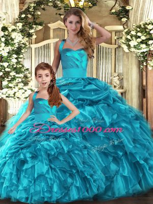 Floor Length Teal Sweet 16 Quinceanera Dress Organza Sleeveless Ruffles and Pick Ups