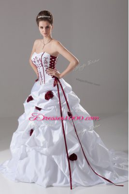 Sweetheart Sleeveless Taffeta Bridal Gown Embroidery and Pick Ups and Hand Made Flower Brush Train Lace Up