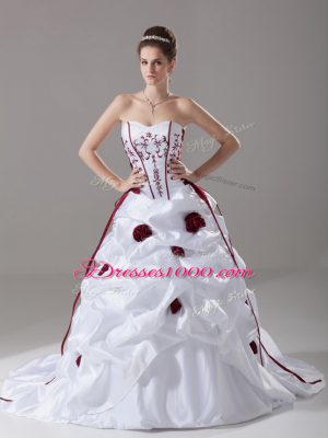 Sweetheart Sleeveless Taffeta Bridal Gown Embroidery and Pick Ups and Hand Made Flower Brush Train Lace Up