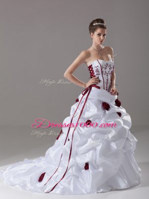 Sweetheart Sleeveless Taffeta Bridal Gown Embroidery and Pick Ups and Hand Made Flower Brush Train Lace Up