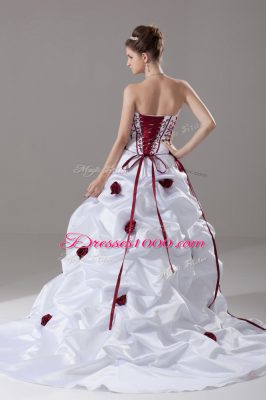 Sweetheart Sleeveless Taffeta Bridal Gown Embroidery and Pick Ups and Hand Made Flower Brush Train Lace Up