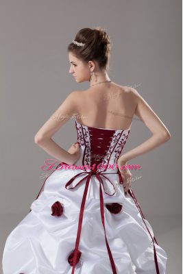 Sweetheart Sleeveless Taffeta Bridal Gown Embroidery and Pick Ups and Hand Made Flower Brush Train Lace Up