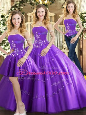Floor Length Purple Quinceanera Dress Strapless Sleeveless Lace Up