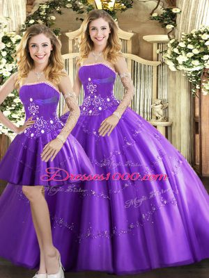 Floor Length Purple Quinceanera Dress Strapless Sleeveless Lace Up