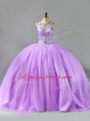 Lavender Lace Up Scoop Beading 15 Quinceanera Dress Tulle Sleeveless
