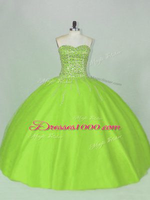Sleeveless Floor Length Beading Lace Up Quince Ball Gowns with