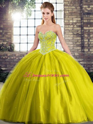 Olive Green Lace Up Quinceanera Dresses Beading Sleeveless Brush Train