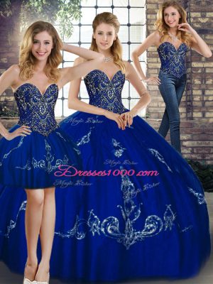 Pretty Royal Blue Tulle Lace Up Sweetheart Sleeveless Floor Length Quinceanera Gown Beading and Embroidery