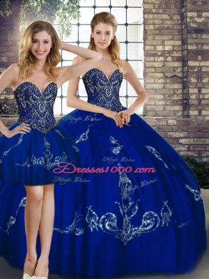 Pretty Royal Blue Tulle Lace Up Sweetheart Sleeveless Floor Length Quinceanera Gown Beading and Embroidery