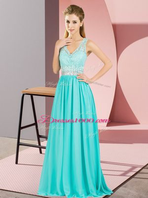 Aqua Blue Backless V-neck Beading and Lace and Appliques Homecoming Dress Chiffon Sleeveless
