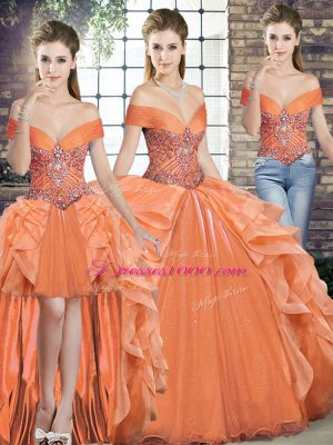 Floor Length Orange Sweet 16 Quinceanera Dress Off The Shoulder Sleeveless Lace Up