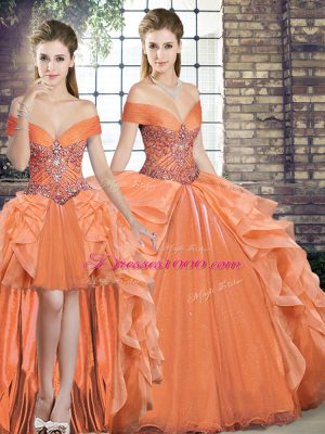 Floor Length Orange Sweet 16 Quinceanera Dress Off The Shoulder Sleeveless Lace Up