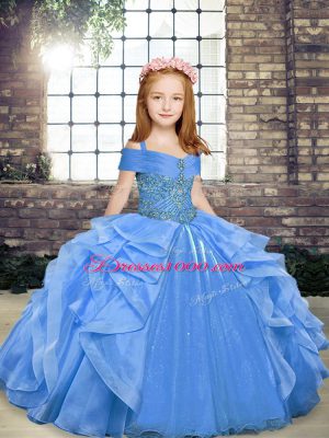 High End Blue Sleeveless Floor Length Beading and Ruffles Lace Up Pageant Gowns For Girls