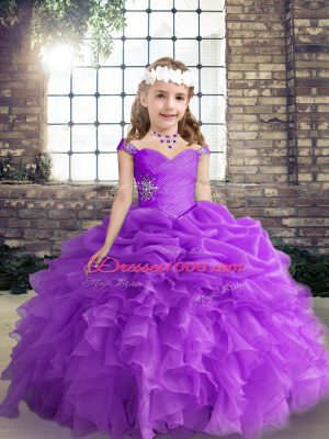 Dazzling Purple Ball Gowns Beading and Ruffles and Pick Ups Little Girl Pageant Gowns Lace Up Organza Sleeveless Floor Length