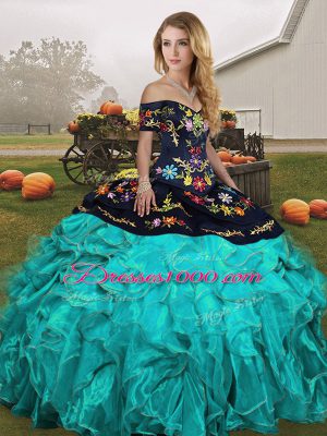 Sexy Blue And Black Lace Up Sweet 16 Dresses Embroidery and Ruffles Sleeveless Floor Length