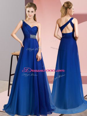 Luxurious Beading Prom Gown Blue Criss Cross Sleeveless Brush Train