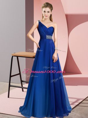 Luxurious Beading Prom Gown Blue Criss Cross Sleeveless Brush Train