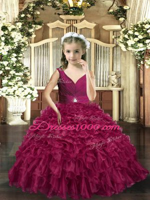 Floor Length Burgundy Party Dress Organza Sleeveless Beading and Ruffles