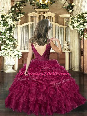 Floor Length Burgundy Party Dress Organza Sleeveless Beading and Ruffles