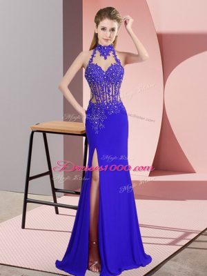 Sleeveless Floor Length Lace and Appliques Backless Dress for Prom with Royal Blue