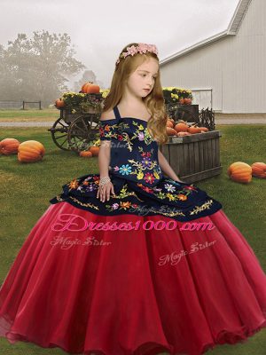 Fantastic Coral Red Ball Gowns Organza Straps Sleeveless Embroidery Floor Length Lace Up Little Girls Pageant Dress Wholesale