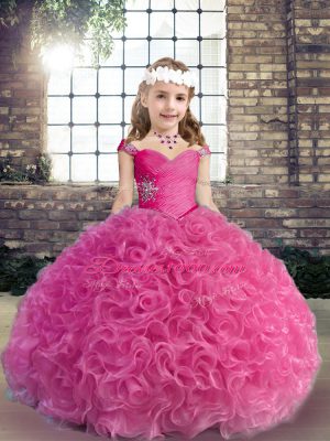 Straps Sleeveless Girls Pageant Dresses Floor Length Beading and Ruching Fuchsia Fabric With Rolling Flowers