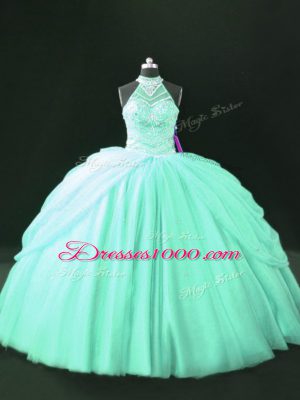 Sophisticated Apple Green Lace Up Halter Top Beading Ball Gown Prom Dress Tulle Sleeveless