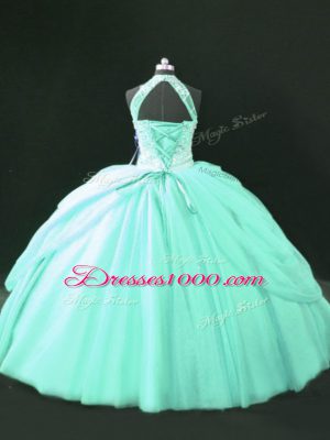 Sophisticated Apple Green Lace Up Halter Top Beading Ball Gown Prom Dress Tulle Sleeveless